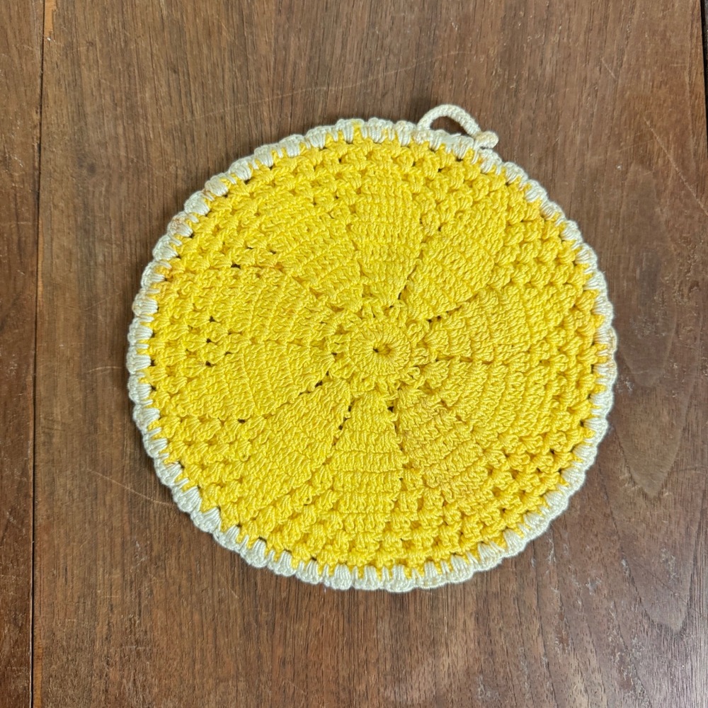 Vintage hand knitted Crocheted Yellow Double Layer Pot Holder‎